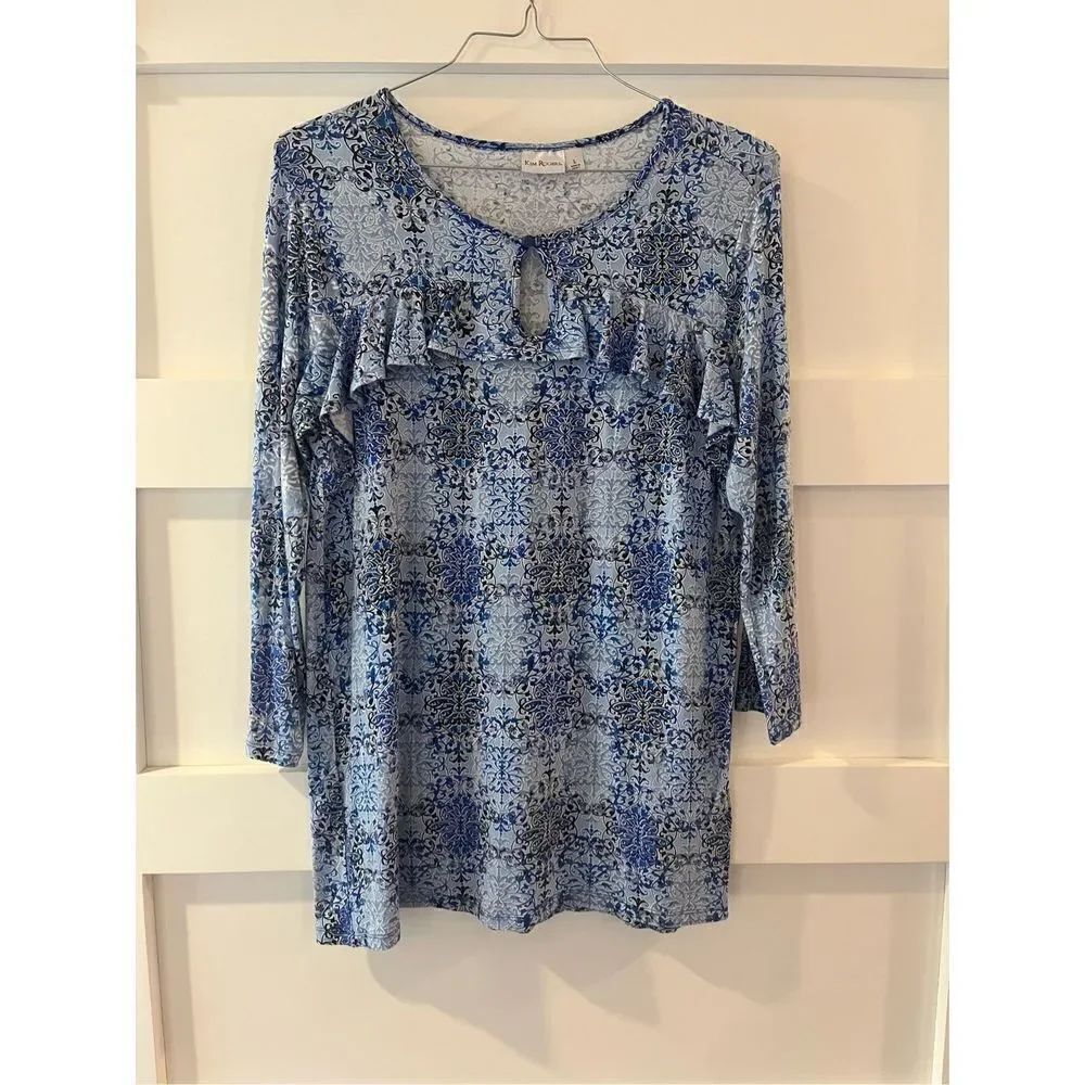 Kim Rogers Blue Ruffle Tunic Top Keyhole Neck Size XL Pastel Print 3/4 Sleeve